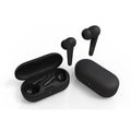 Black ANC active noise cancelling Bluetooth earplug headphones showing earpieces and charging case.