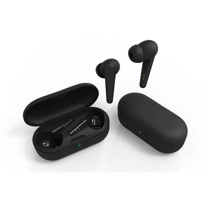 Black ANC active noise cancelling Bluetooth earplug headphones showing earpieces and charging case.