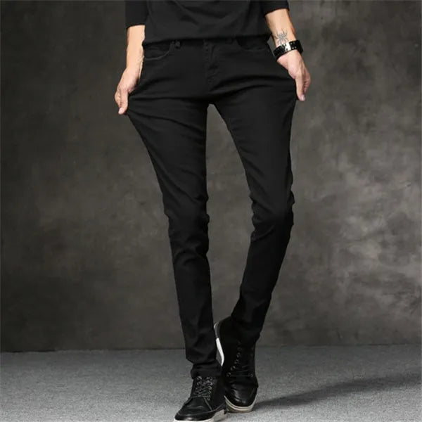 Black slim-fit stretch men's cotton pants, tight cut, sizes 27 to 36 with full cm size chart