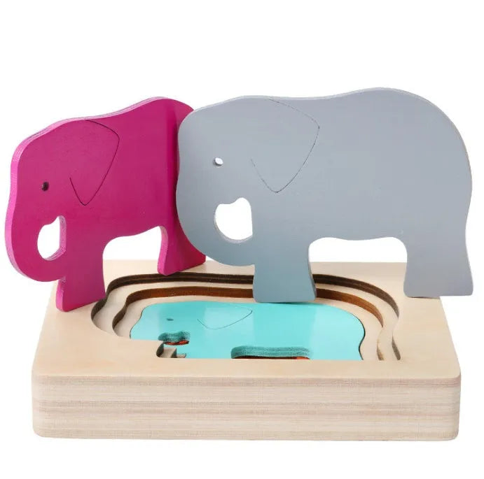 Wooden Montessori multi-layer animal puzzle with gradient colour panel, 15 x 11 x 2.5cm, for 1-3 year olds