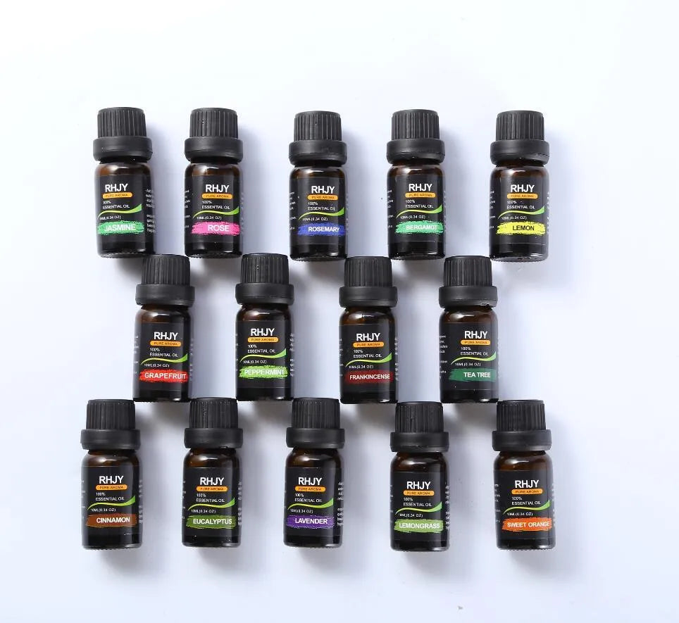 Aromatherapy essential oil set with 14 x 10ml bottles in 14 fragrances including lavender, lemon, and eucalyptus.