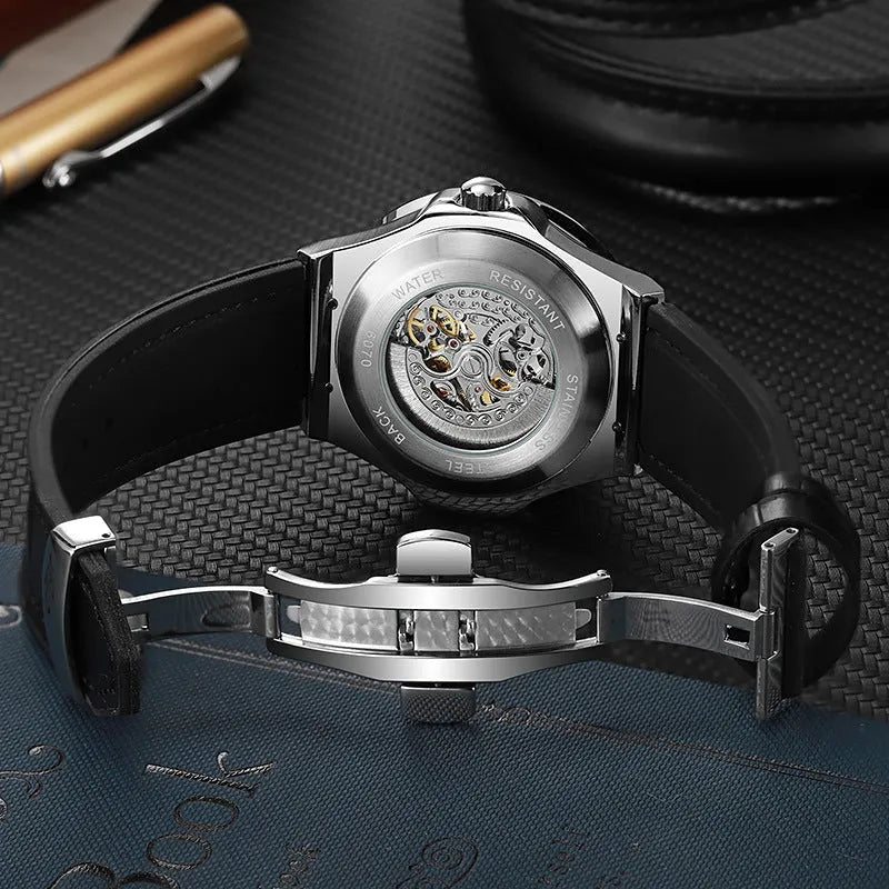 Men's automatic mechanical skeleton watch with diamond studs on a white dial.