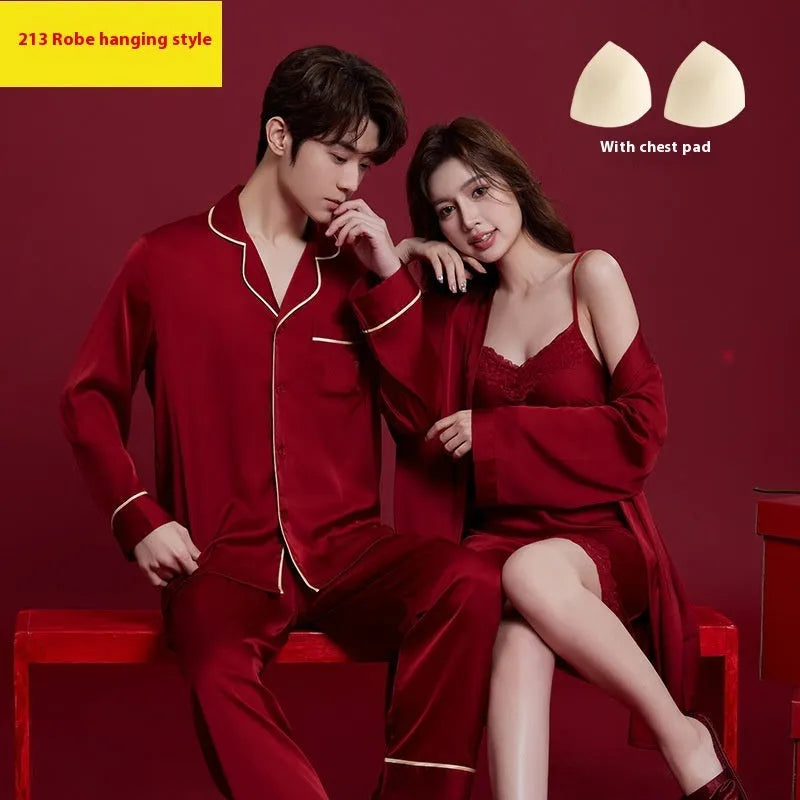 Red ice silk matching men's and women's long sleeve trousers sleepwear set for wedding dowry.