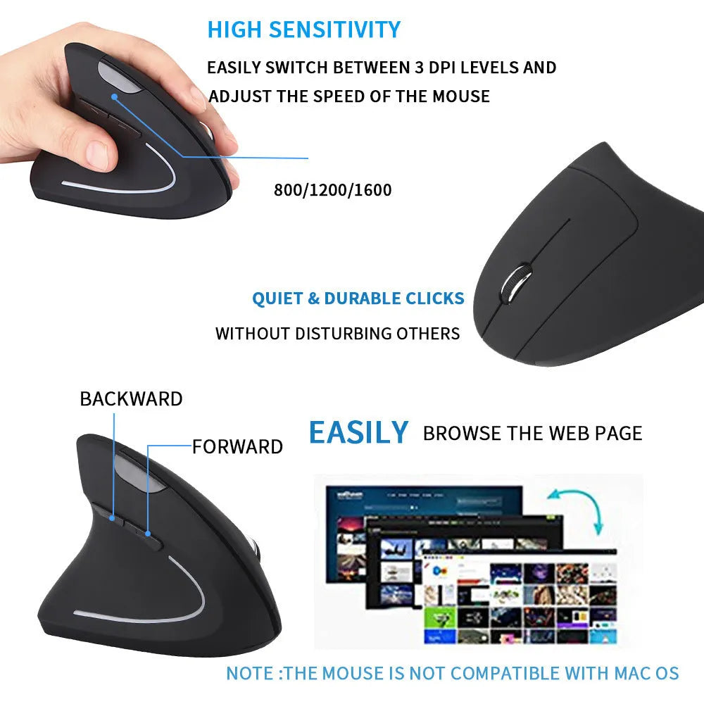 Wireless vertical left hand mouse in black with ergonomic design and thumb buttons