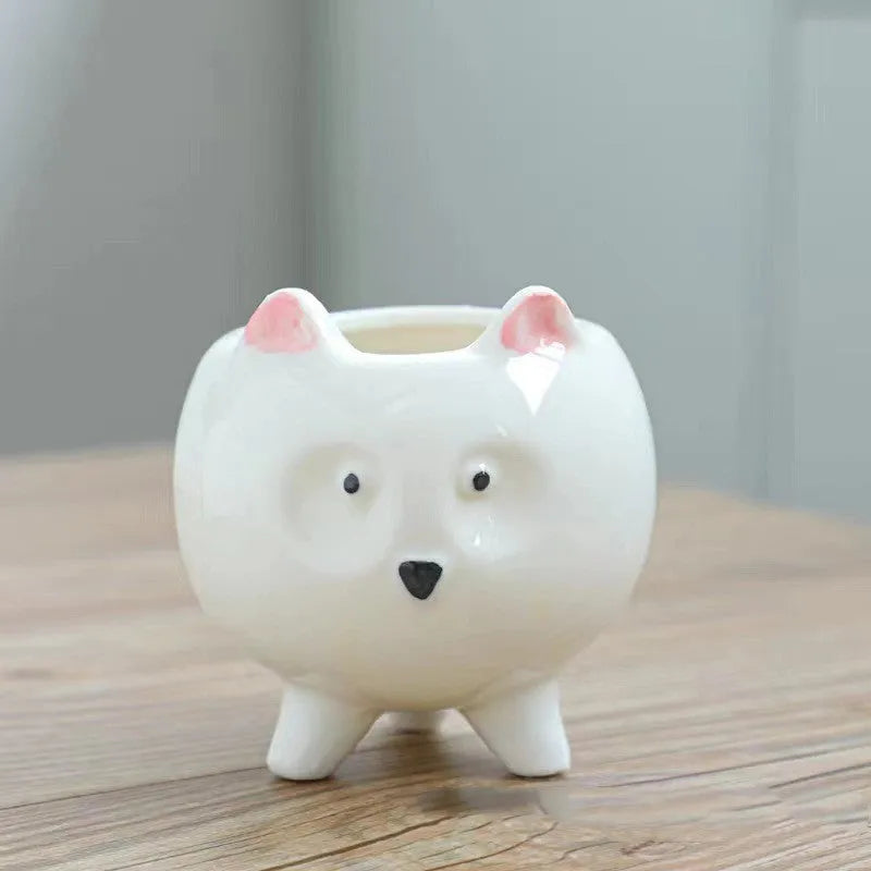 Ceramic succulent flowerpot with hand-painted cartoon animal design in pastel colours