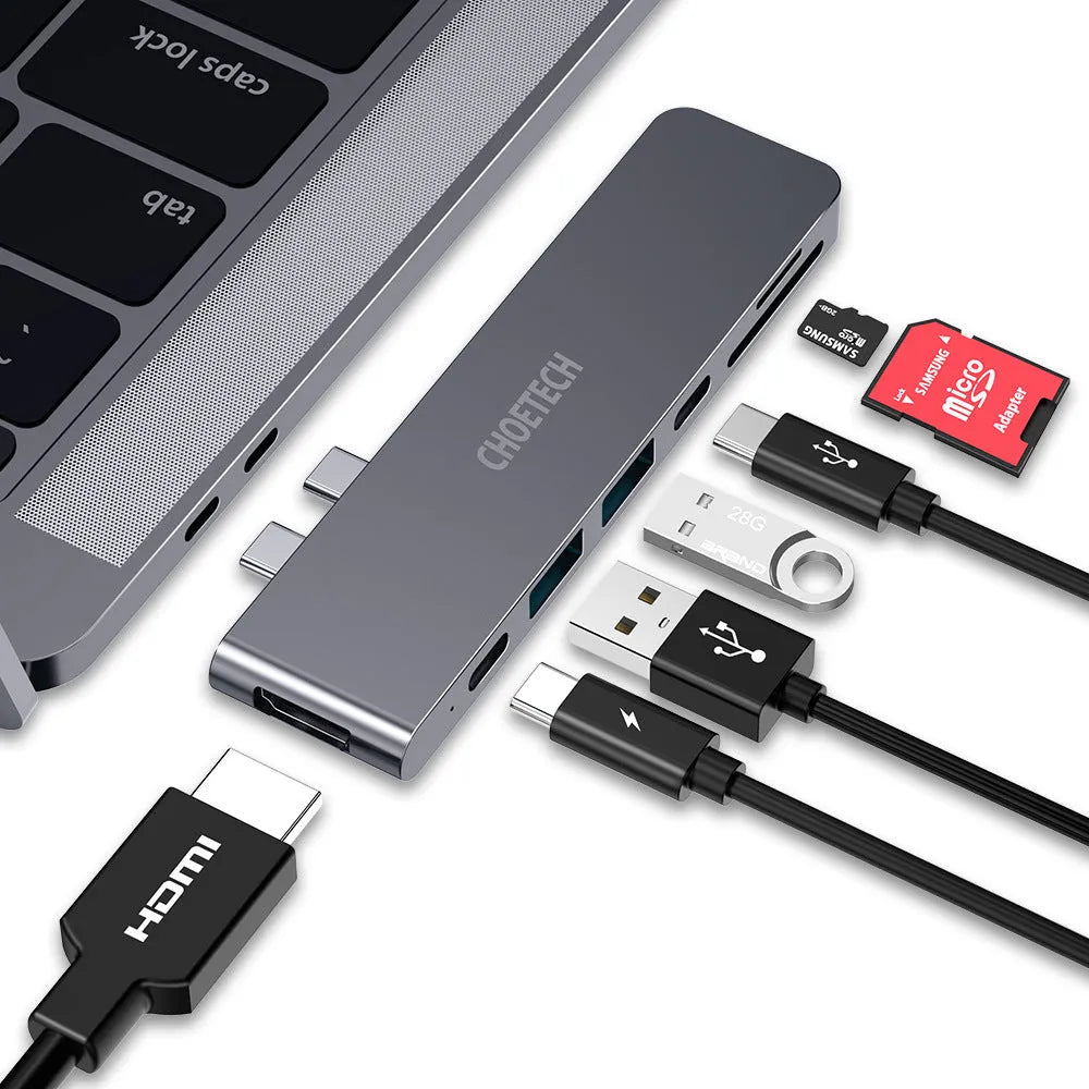 Aluminium USB C hub with seven ports including SD card reader, Thunderbolt 3, and 4K HDMI