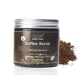 Jar of Coconut Oil Coffee Scrub exfoliating deep cleansing granules with coffee and coconut oil ingredients