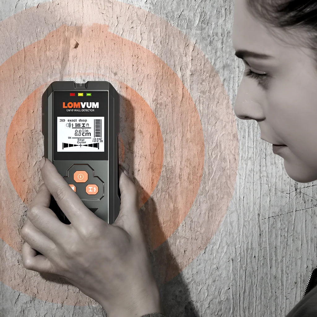 Handheld multifunctional wall detector for locating wires, metal pipes, and wooden studs behind walls.