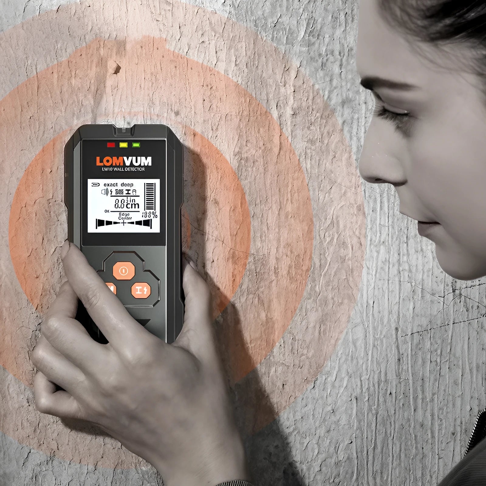 Handheld multifunctional wall detector for locating wires, metal pipes, and wooden studs behind walls.