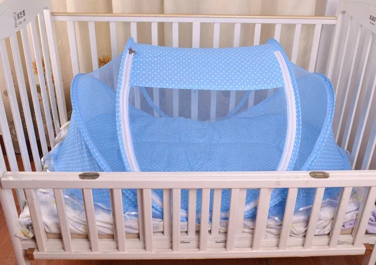 Foldable baby bed net 110x65x60cm with mattress and pillow, mesh cloth and steel wire frame, blue or pink