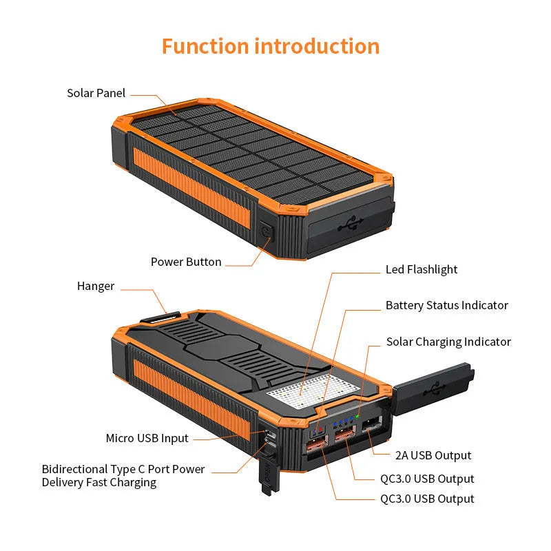 Outdoor solar power bank 30000mAh in orange, black, or blue with built-in light, 160 x 75 x 26mm