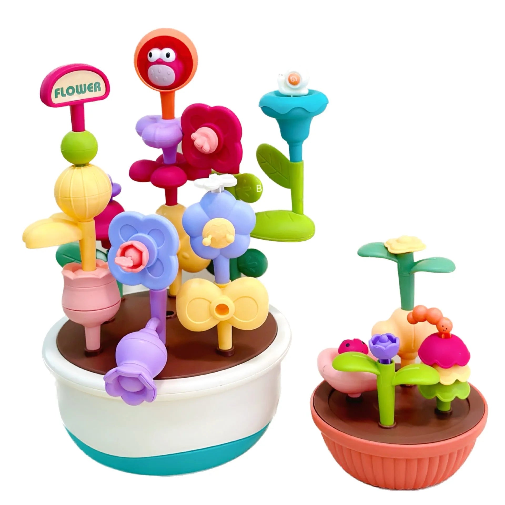 Children's plastic flowerpot building blocks set in colour box packaging for creative garden assembly toy