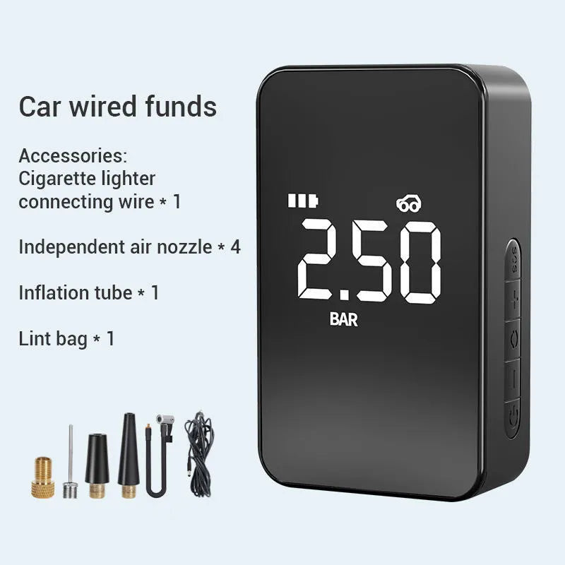 Wireless digital display car tyre inflator pump with hose and nozzles on a grey background