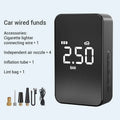 Wireless digital display car tyre inflator pump with hose and nozzles on a grey background