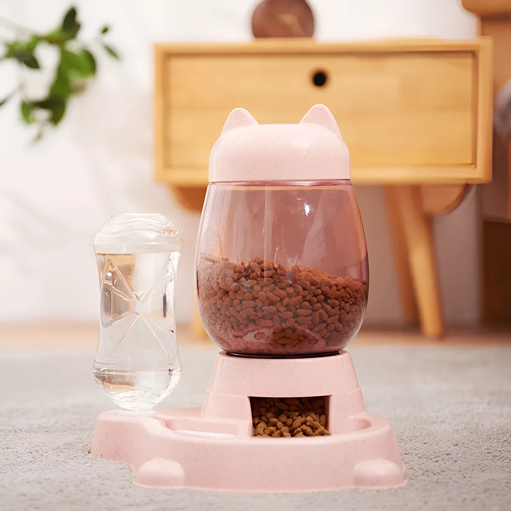 Automatic pet feeder and drinking fountain, 26 x 21 x 30cm, with 2.2L bucket and 528ml bottle in grey, pink, or blue