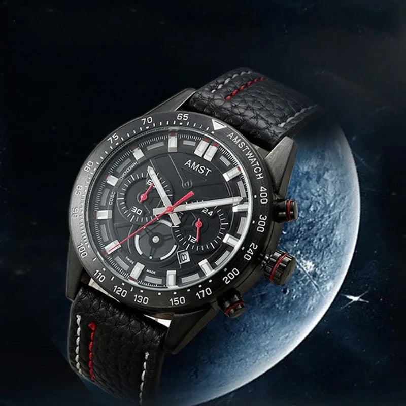 Emmett six-hand quartz watch with 48.2mm alloy case, mineral glass, IP plating, and choice of belt or steel strap