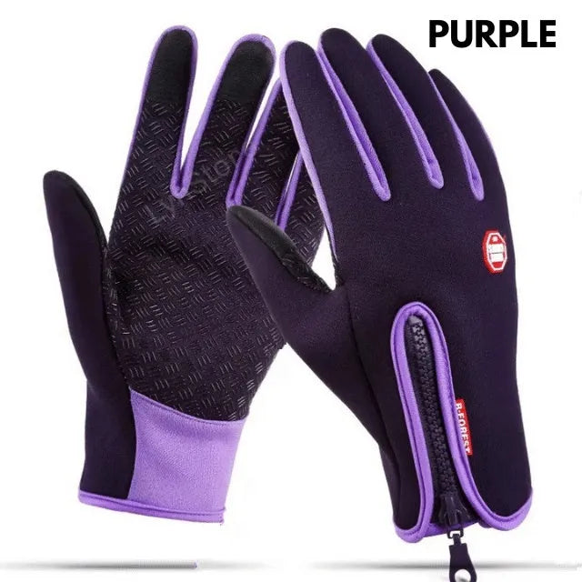 Pair of winter touch screen riding gloves in blue with polar fleece lining and antiskid grip for motorcycle use