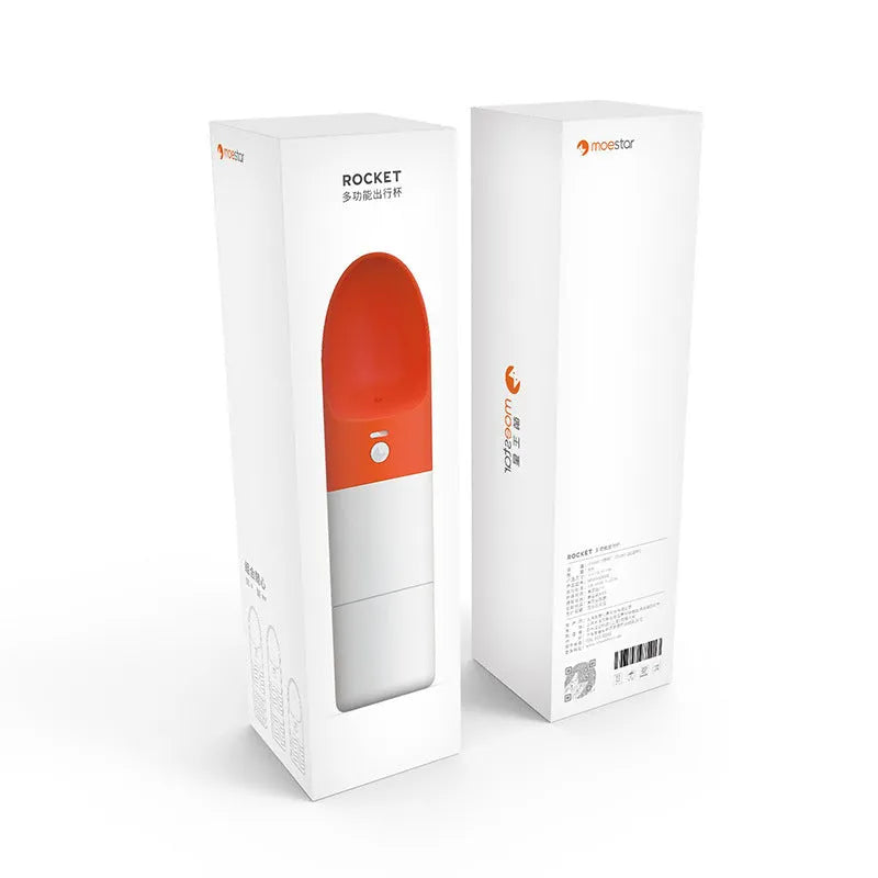 Moestar rocket-shaped pet drinking cup in white with grey accents showing water outlet and lock button