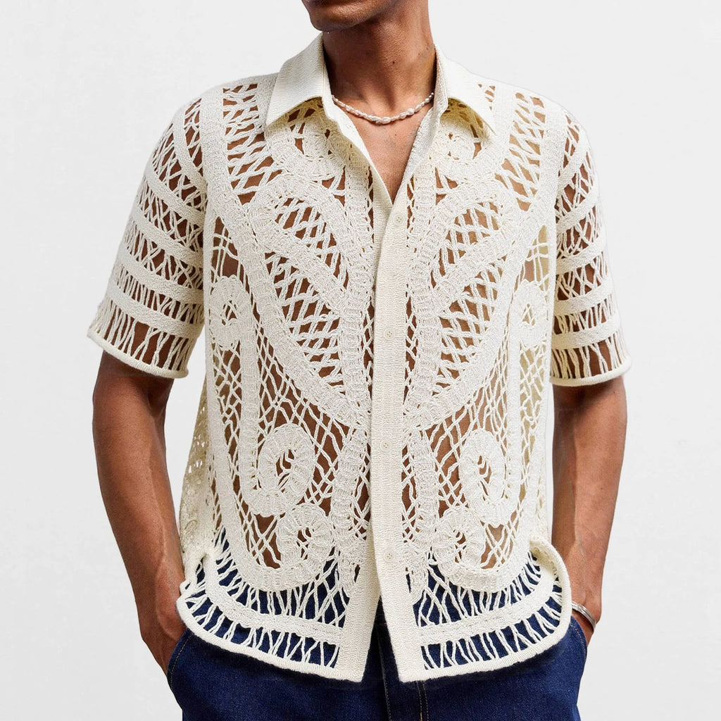 Men's hollow crochet cardigan polo shirt in apricot acrylic knit with flocking detail short sleeves regular fit
