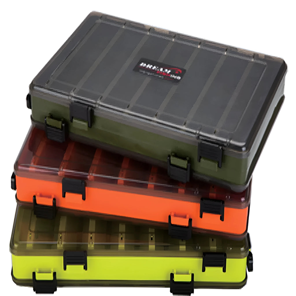 Double-sided double-layer plastic lure fishing tackle box, 27cm long, 18cm wide, orange colour, with adjustable slot inserts for hard baits