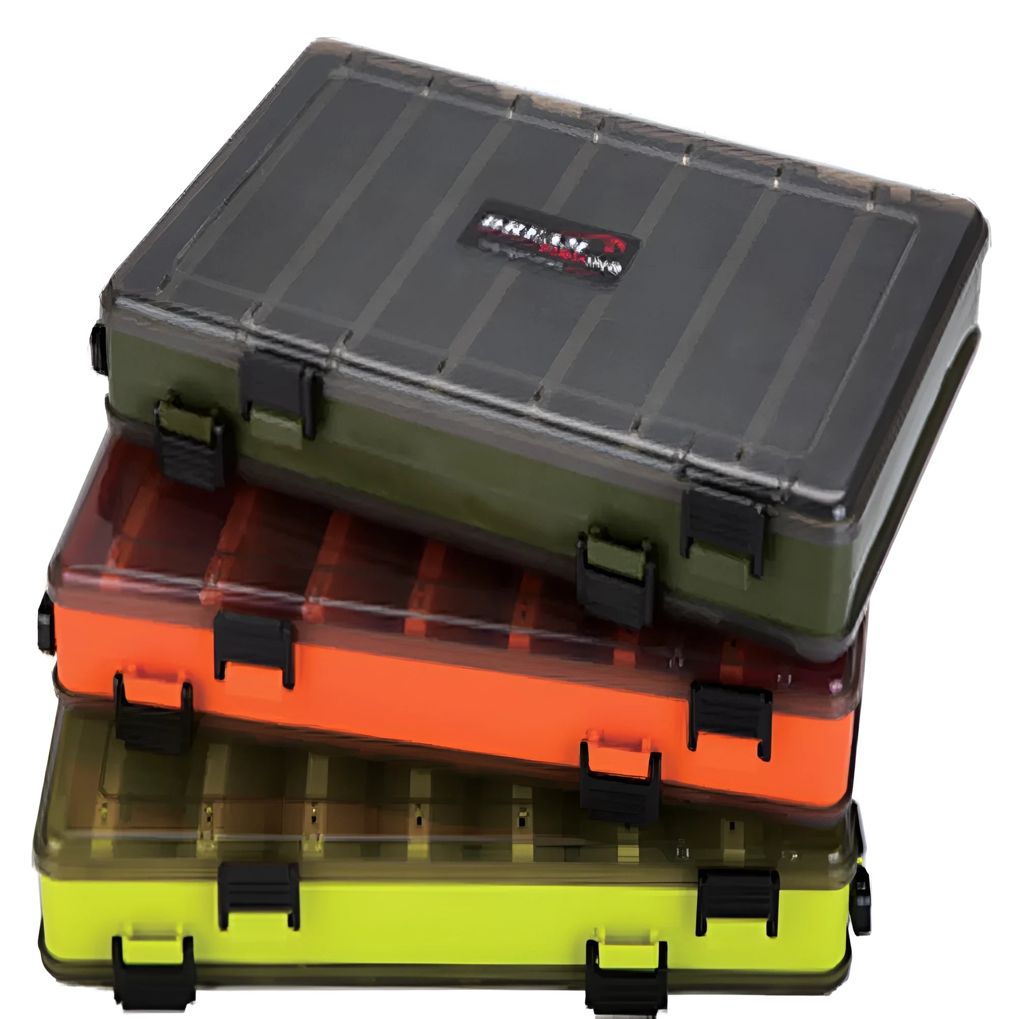 Double-sided double-layer plastic lure fishing tackle box, 27cm long, 18cm wide, orange colour, with adjustable slot inserts for hard baits