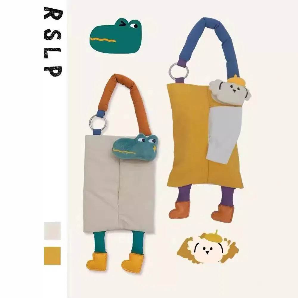 Hanging plush car tissue buggy bag in baby crocodile design showing 25x19cm dimensions