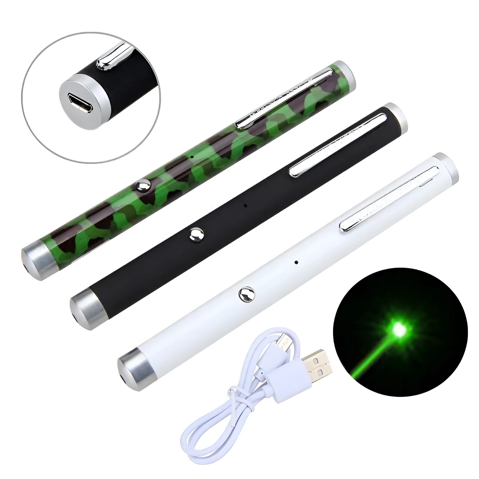 Green laser pointer pen with aluminium casing in black, camouflage, and white colour options