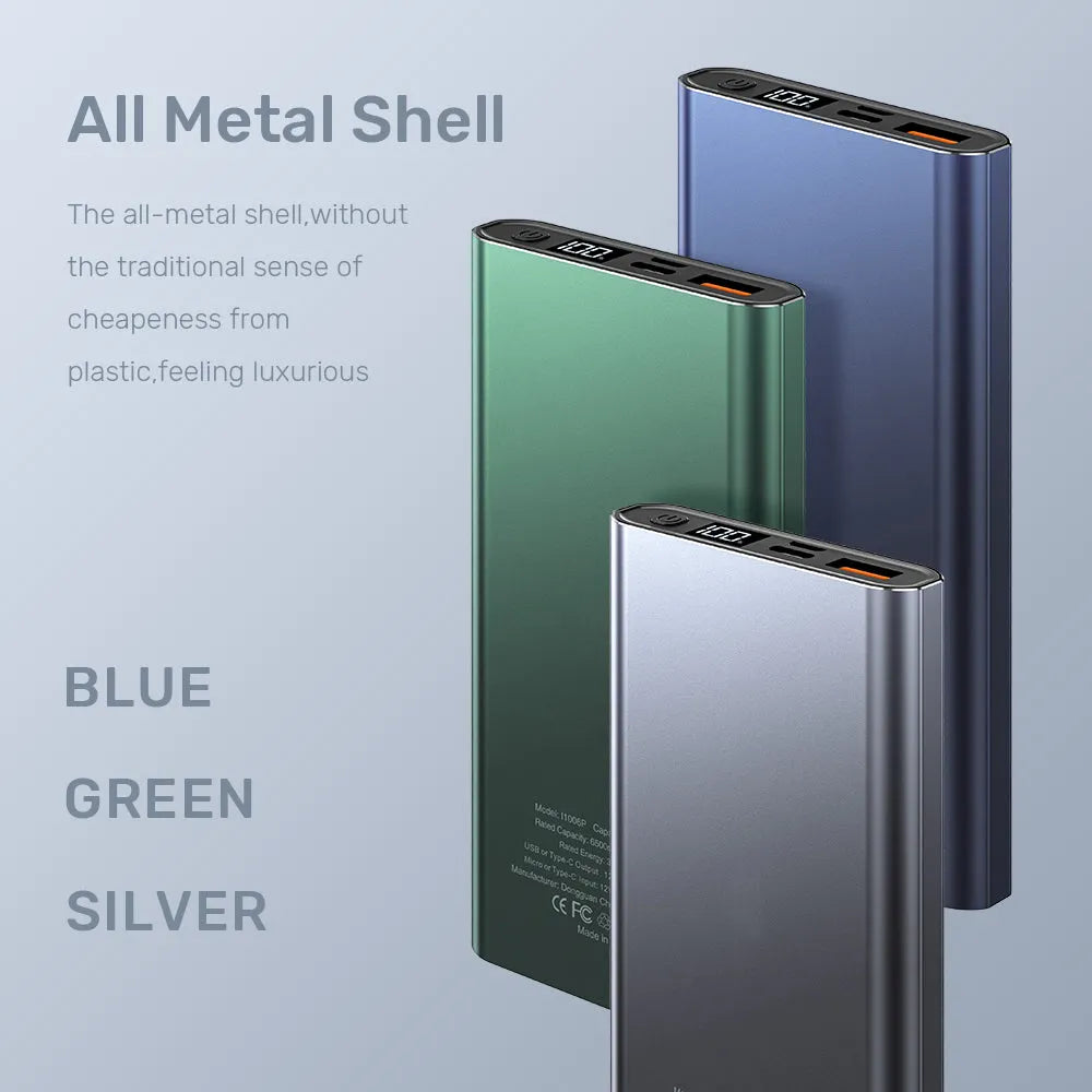 Silver 10,000mAh full metal shell fast charging power bank with digital display