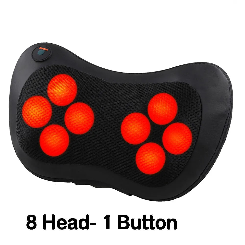 Electric neck massage pillow, coffee colour, 33x29x11cm, with infrared therapy and kneading rollers for home and car use.