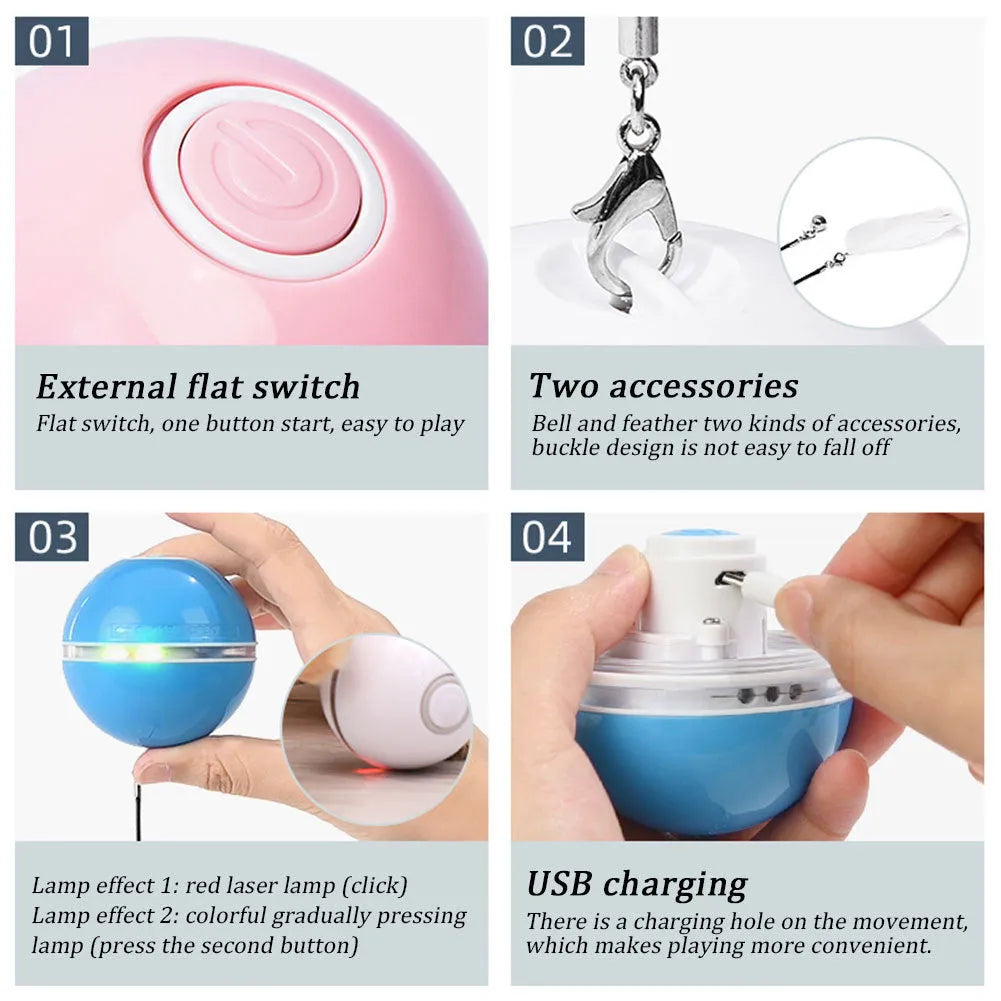 Colorful LED laser funny cat ball, USB rechargeable, 6.4cm diameter ABS plastic, with feather and bell