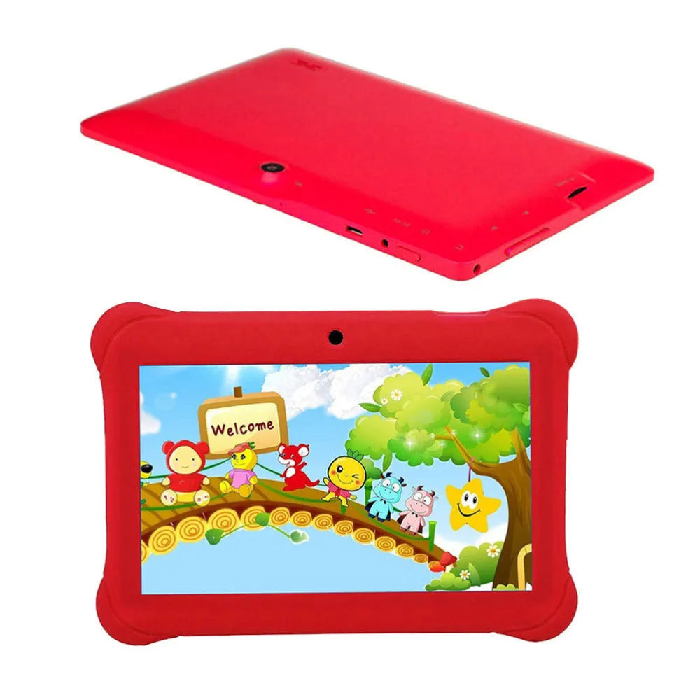 Children's tablet with 7-inch multi-touch screen, 8GB storage, 512MB RAM, ABS plastic shell, available in black, purple, and red.