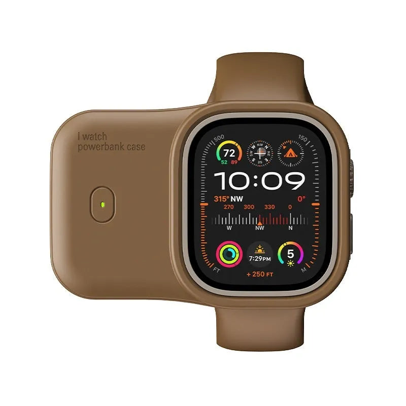 Apple Watch portable wireless charging case power bank in brown, blue, or starlight.