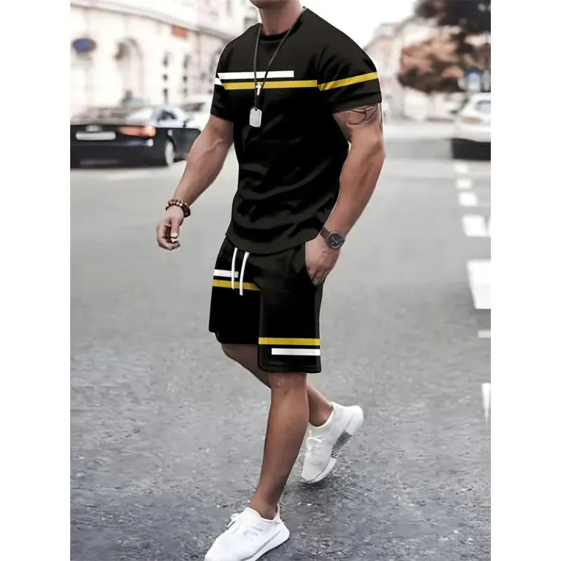 Men's two-piece polyester short-sleeved T-shirt and shorts leisure suit in outdoor setting