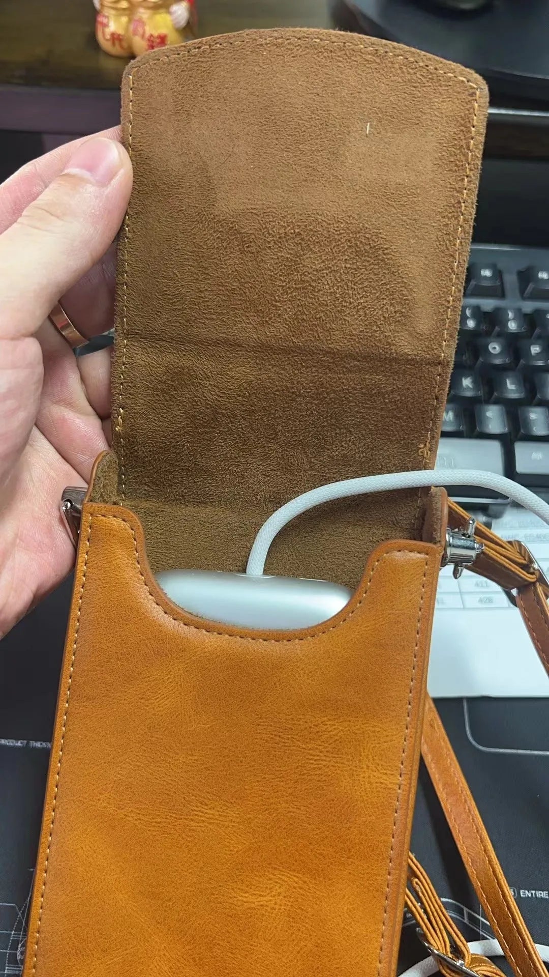 Brown leather storage bag for Apple Vision Pro power supply, portable satchel protective sleeve