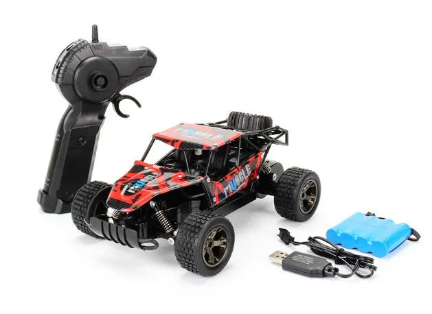 Blue 1:18 scale remote control off-road drift car with 2.4GHz remote on a grey surface.