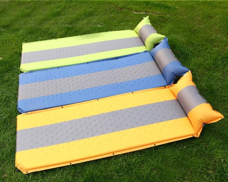 Automatic inflatable camping mat single person polyester pongee memory foam 163x23x65cm in blue and grey
