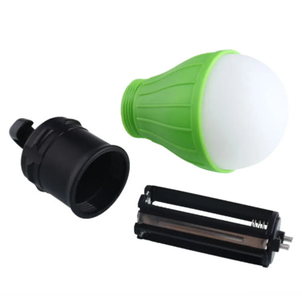 Blue portable camping light with hanging hook, showing three LED bulbs and compact size.