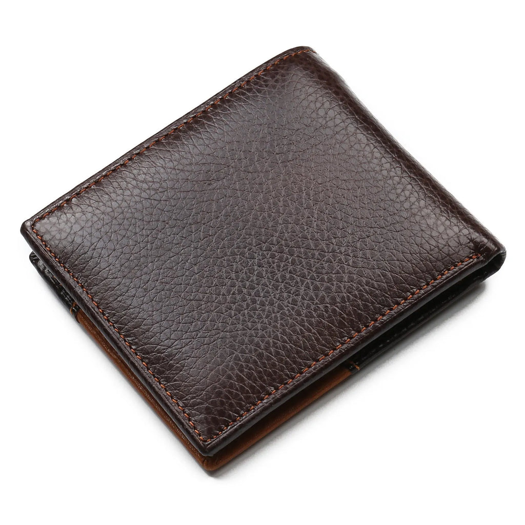 Brown leather tri-fold wallet with card slots, bill holder and zip compartment