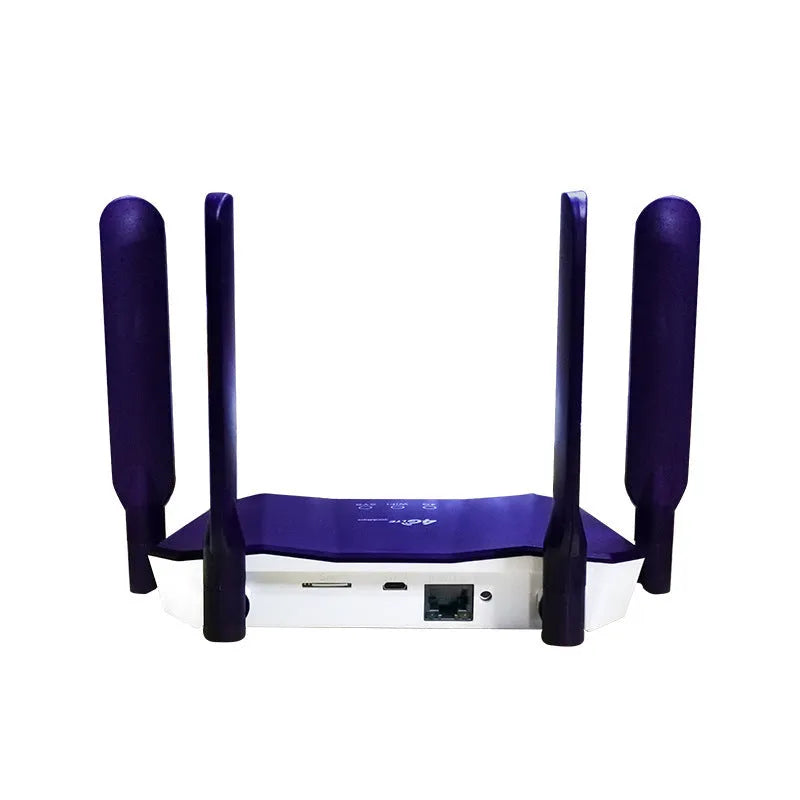 Blue 4G wireless router with four extended antennas, showing front panel and compact size.