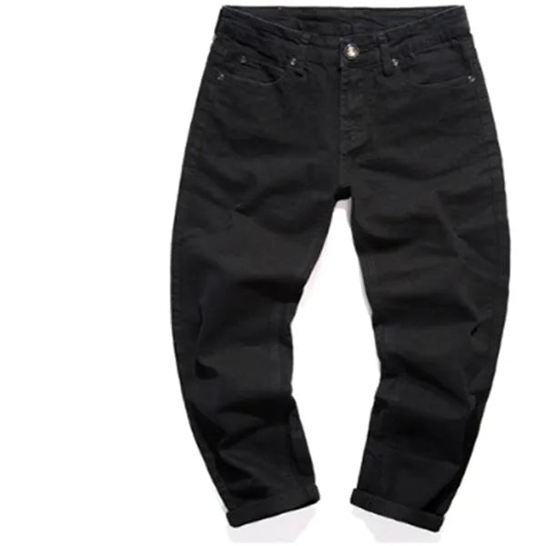 Black slim-fit stretch men's cotton pants, tight cut, sizes 27 to 36 with full cm size chart