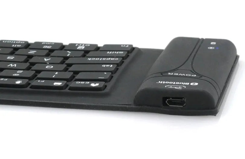 Black foldable silicone Bluetooth keyboard with 108 keys, 360 x 105 x 8 mm, IP67 waterproof, USB charging.