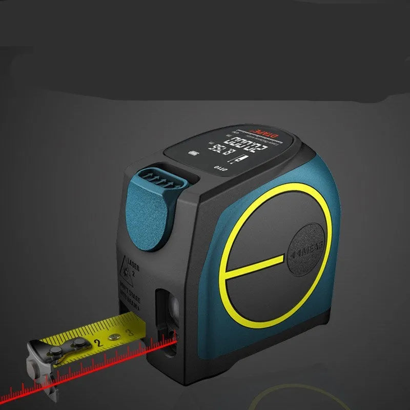 Black infrared laser rangefinder DT10 with digital display and 5 metre nylon tape measure