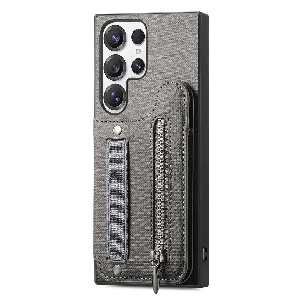 Wristband wallet card holder phone case in imitation leather with embossed finish for Samsung, featuring bracket and multiple colours