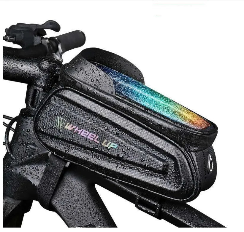 Black and grey EVA bicycle phone bag with reflective strip mounted on a bike frame tube