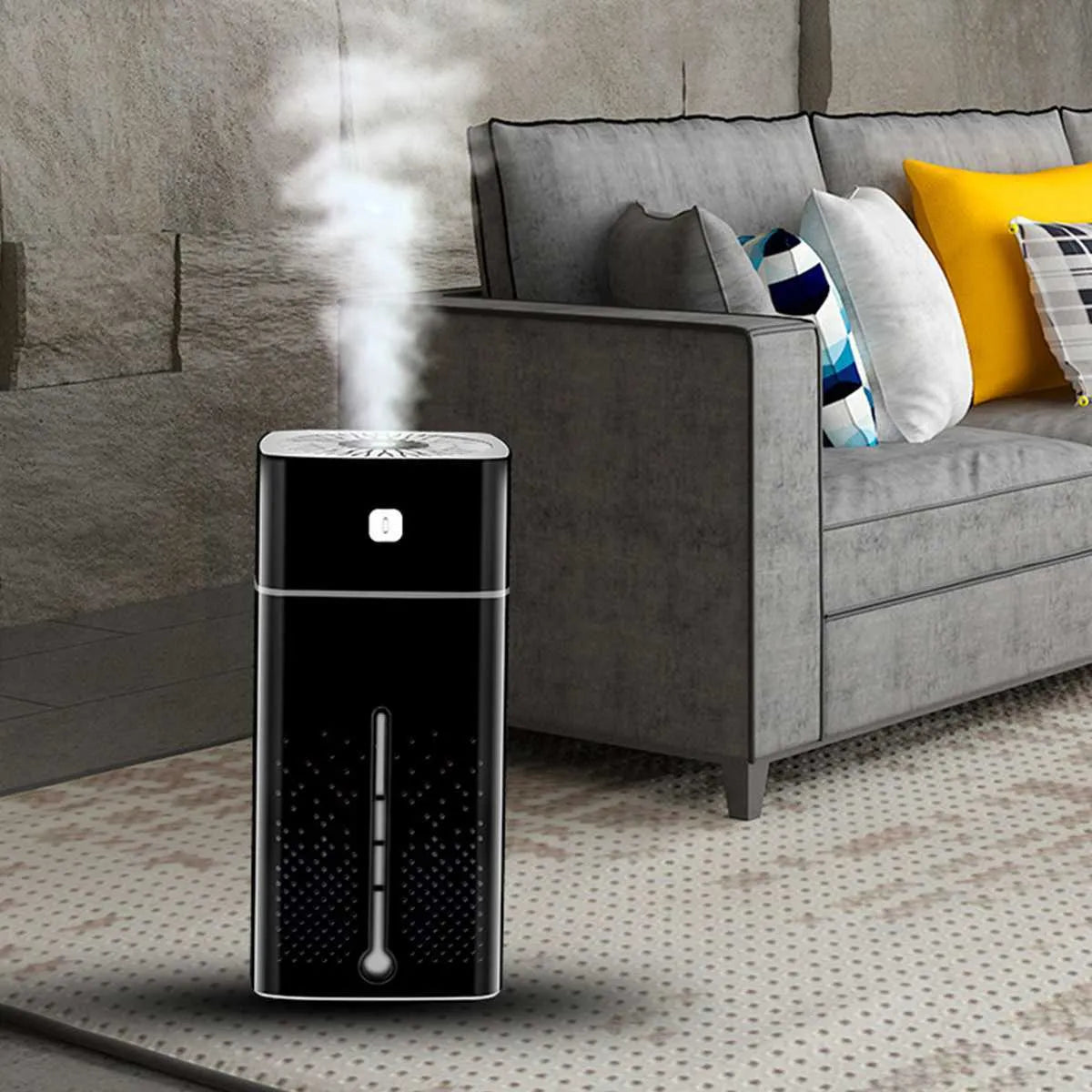 A compact black or white desktop humidifier with USB port, showing dimensions of 103mm by 103mm by 218mm.