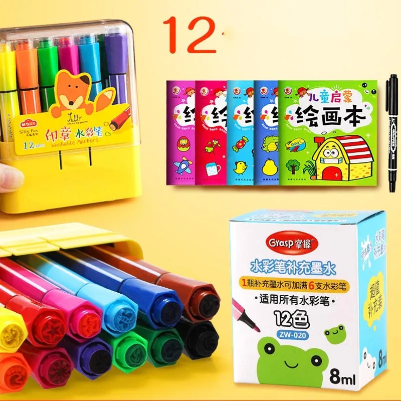 Children's washable painting brushes with hexagonal handles in blue, pink and yellow colours