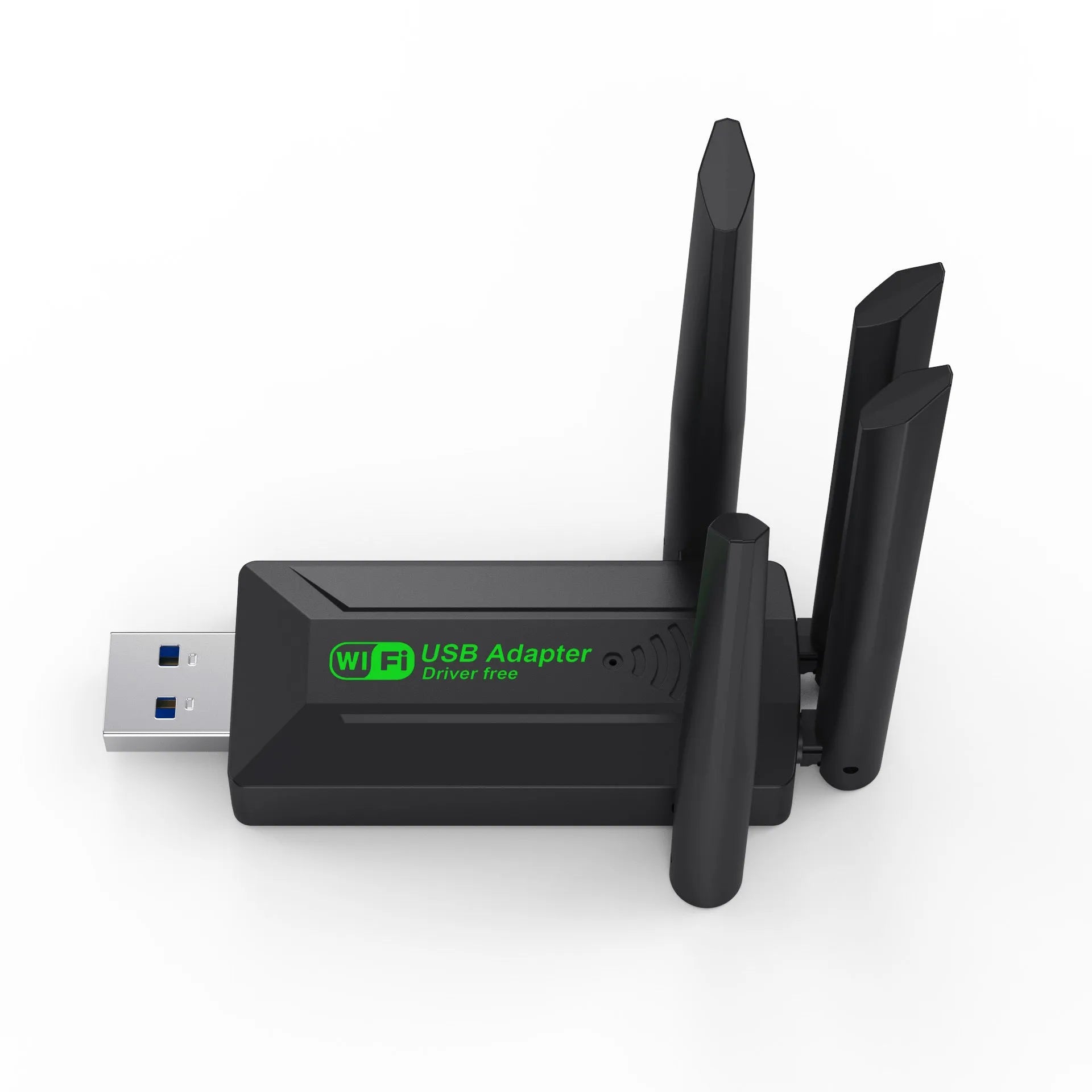 Black USB network transmitter with four external antennae for computer Wi-Fi signal boosting.