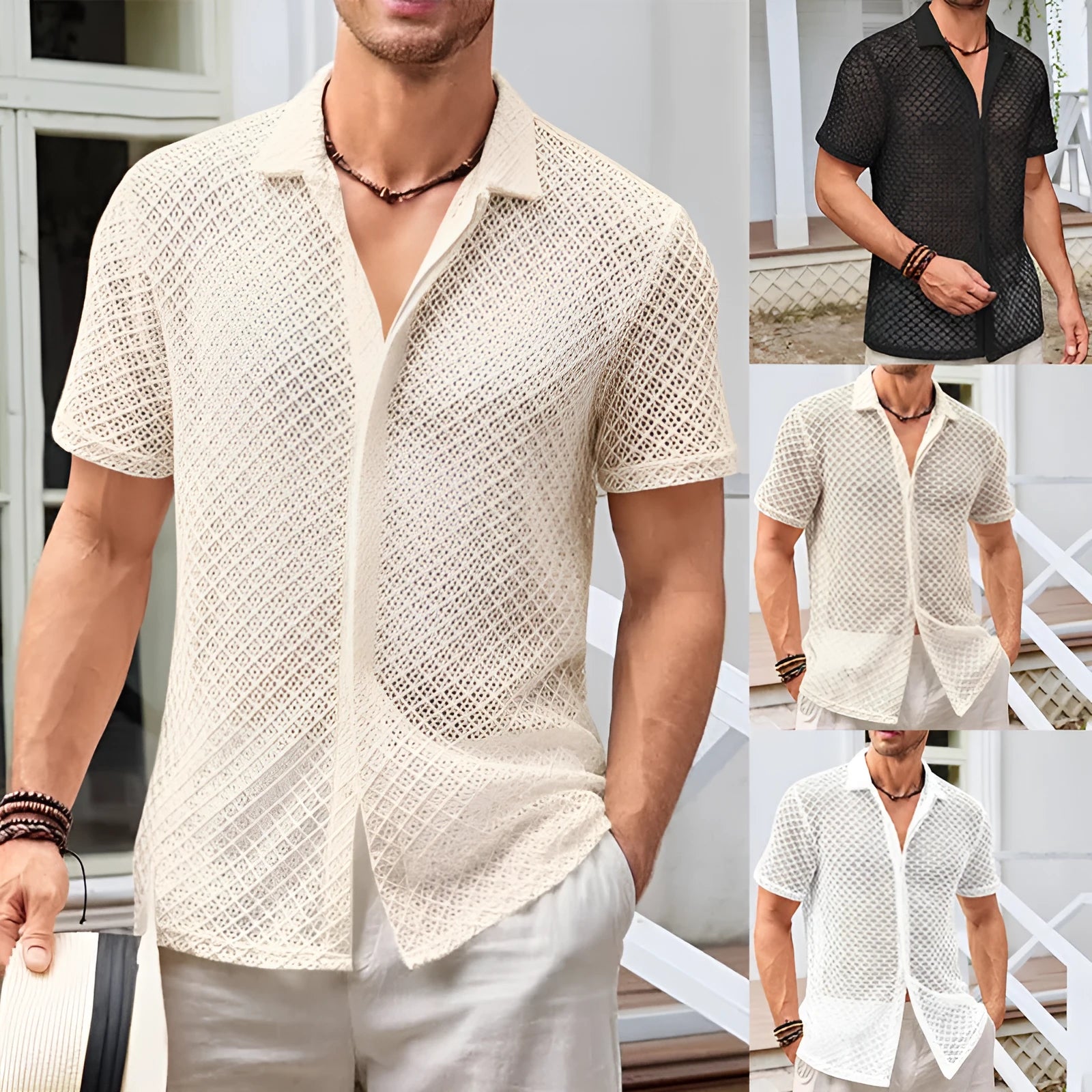 Men's solid colour mesh short sleeve shirt with lapel, shown in beige, black, and white.