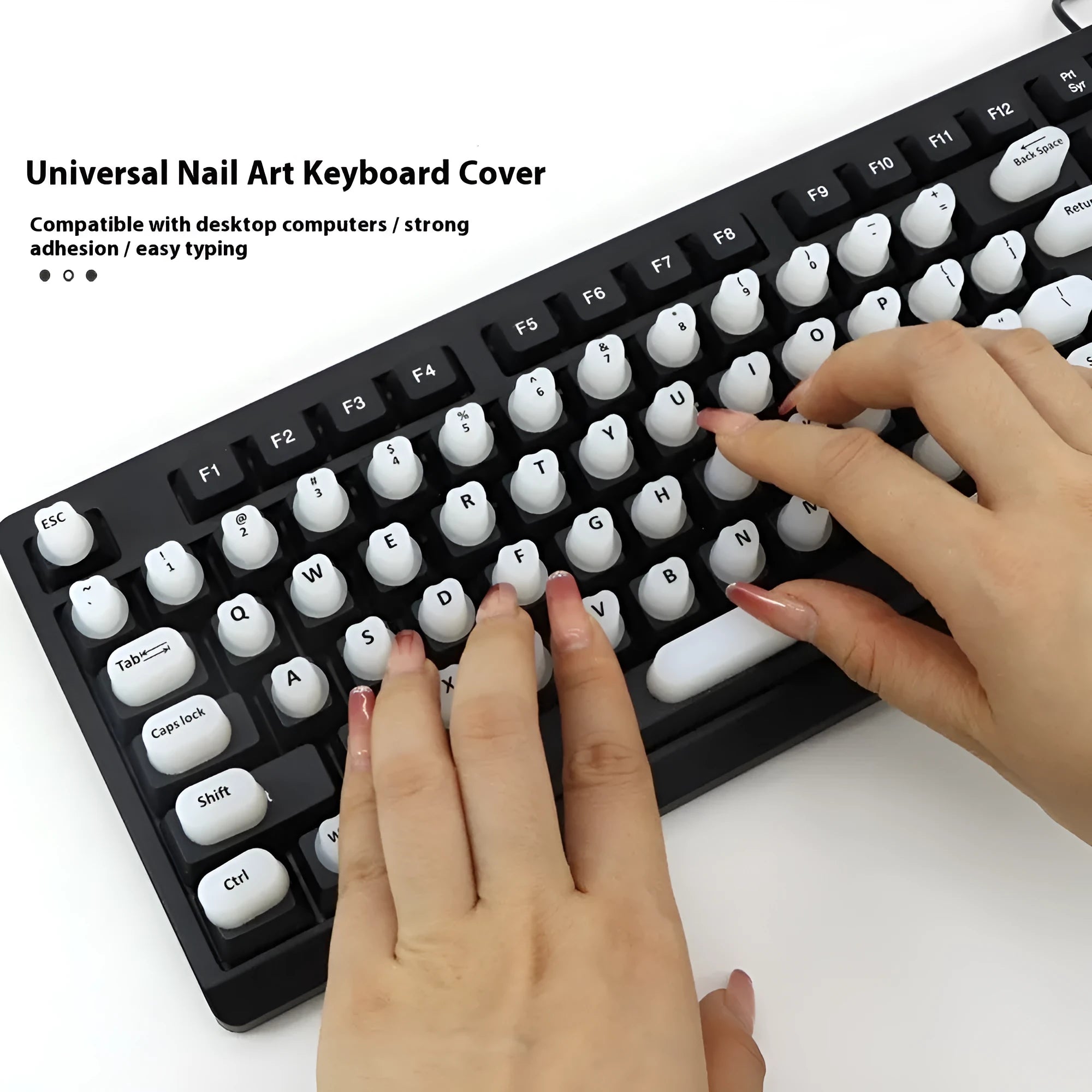 Set of 70 silicone keycap stickers in black for nail protection on a keyboard
