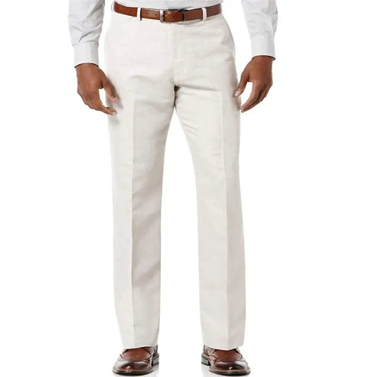 Men's beige white linen-cotton trousers with slant pockets on a solid colour background